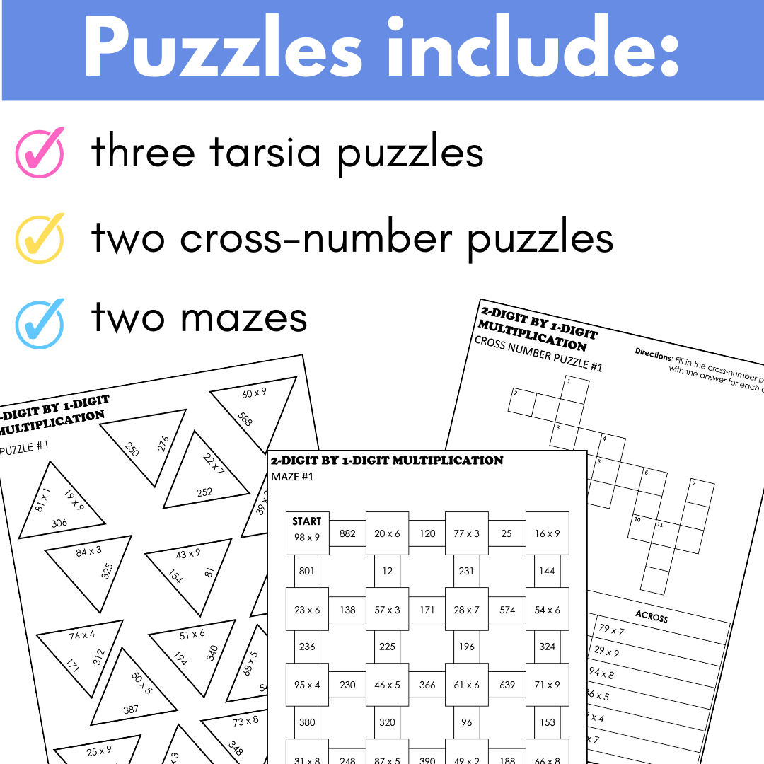 2-Digit by 1-Digit Multiplication Math Puzzles (Tarsia, Cross-Number, Mazes)