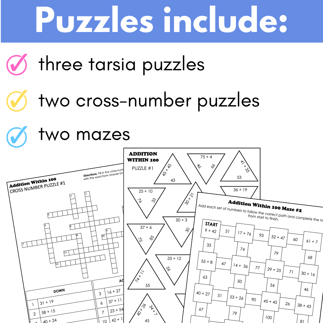 Traditional Math Puzzules Addition Within 100 Math Puzzles; Tarsia Puzzles, Cross-Number, Mazes ...