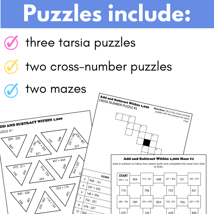 Addition and Subtraction Within 1000 Math Puzzles for Extra Practice