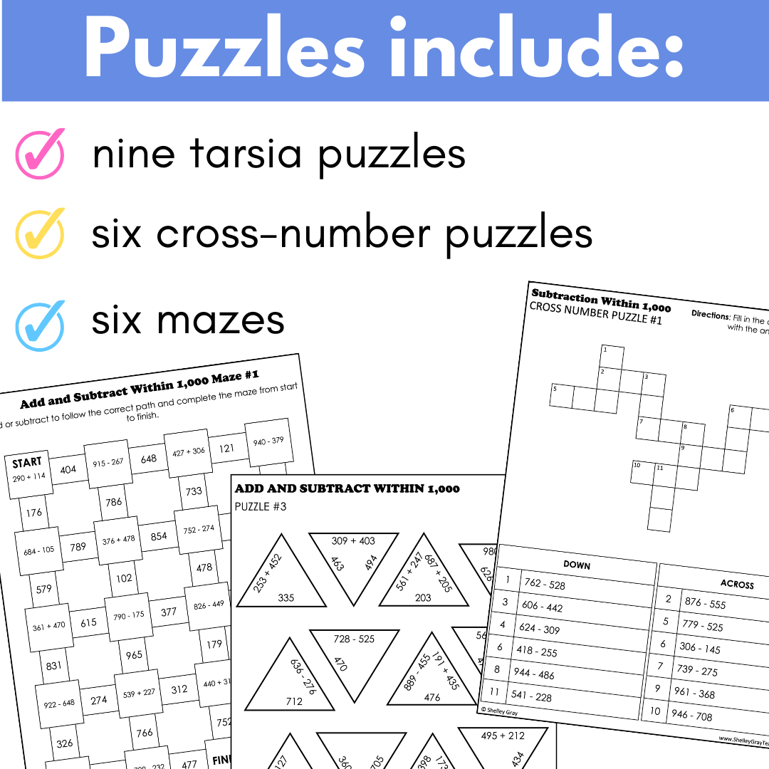 Addition and Subtraction to 1,000 Puzzles for Math Fact Practice BUNDLE