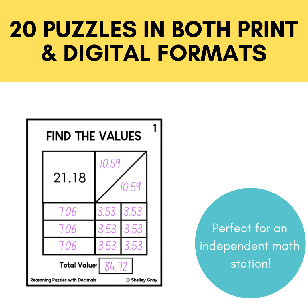 Math Reasoning Puzzles Decimals to Hundredths | Grades 5-8 Problem Solving