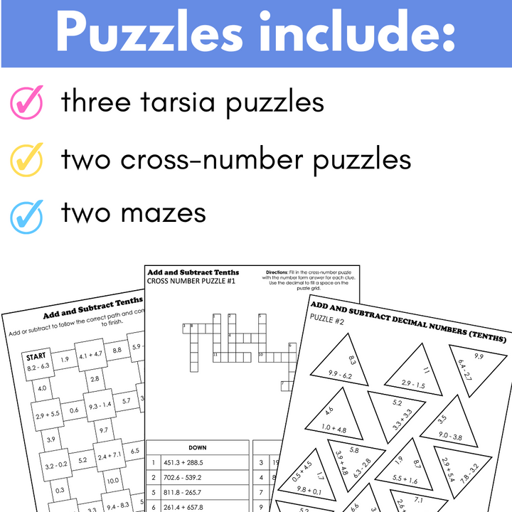 Decimal (Tenths) Addition Subtraction Math Puzzles; Tarsia Puzzles and More