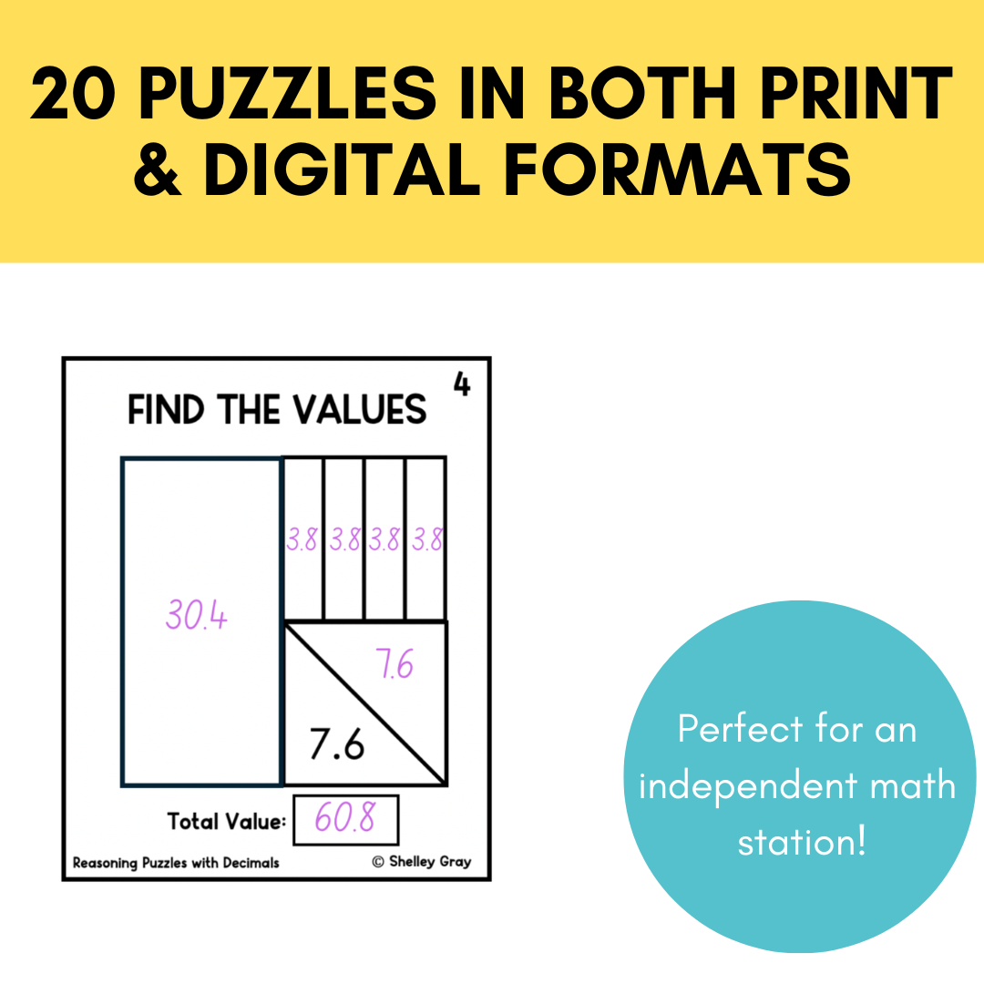 Math Reasoning Puzzles Decimals to Tenths | Grades 5-8 Problem Solving