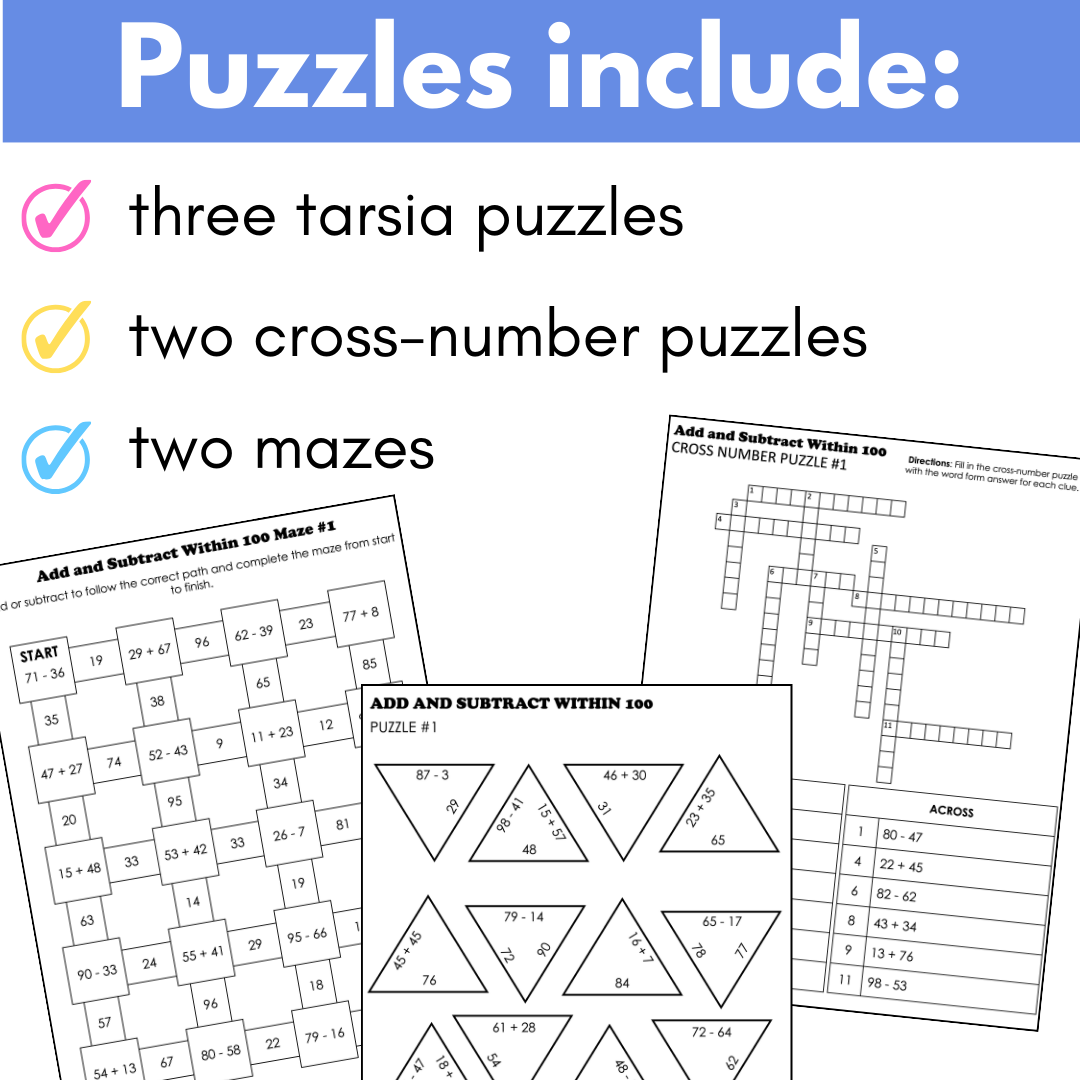 Computation Math Puzzle Addition and Subtraction Within 100 Math Puzzles; Tarsia Puzzles, Cros ...