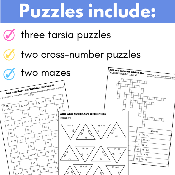 Addition and Subtraction Within 100 Math Puzzles; Tarsia Puzzles, Cross-Number, Mazes