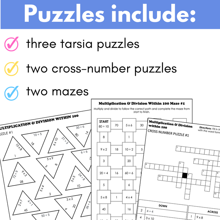 Multiplication & Division Basic Facts Math Puzzles (Tarsia Cross-Number Mazes)