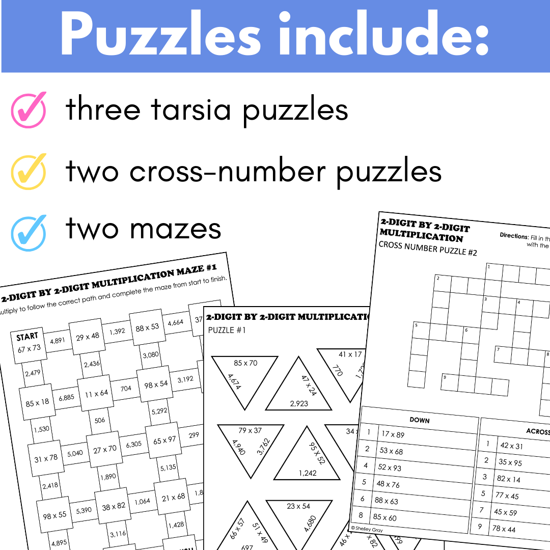 2-Digit by 2-Digit Multiplication Math Puzzles (Tarsia, Cross-Number, Mazes)