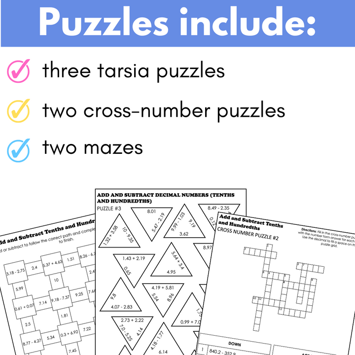 Decimal (Hundredths) Addition Subtraction Math Puzzles; Tarsia Puzzles and More