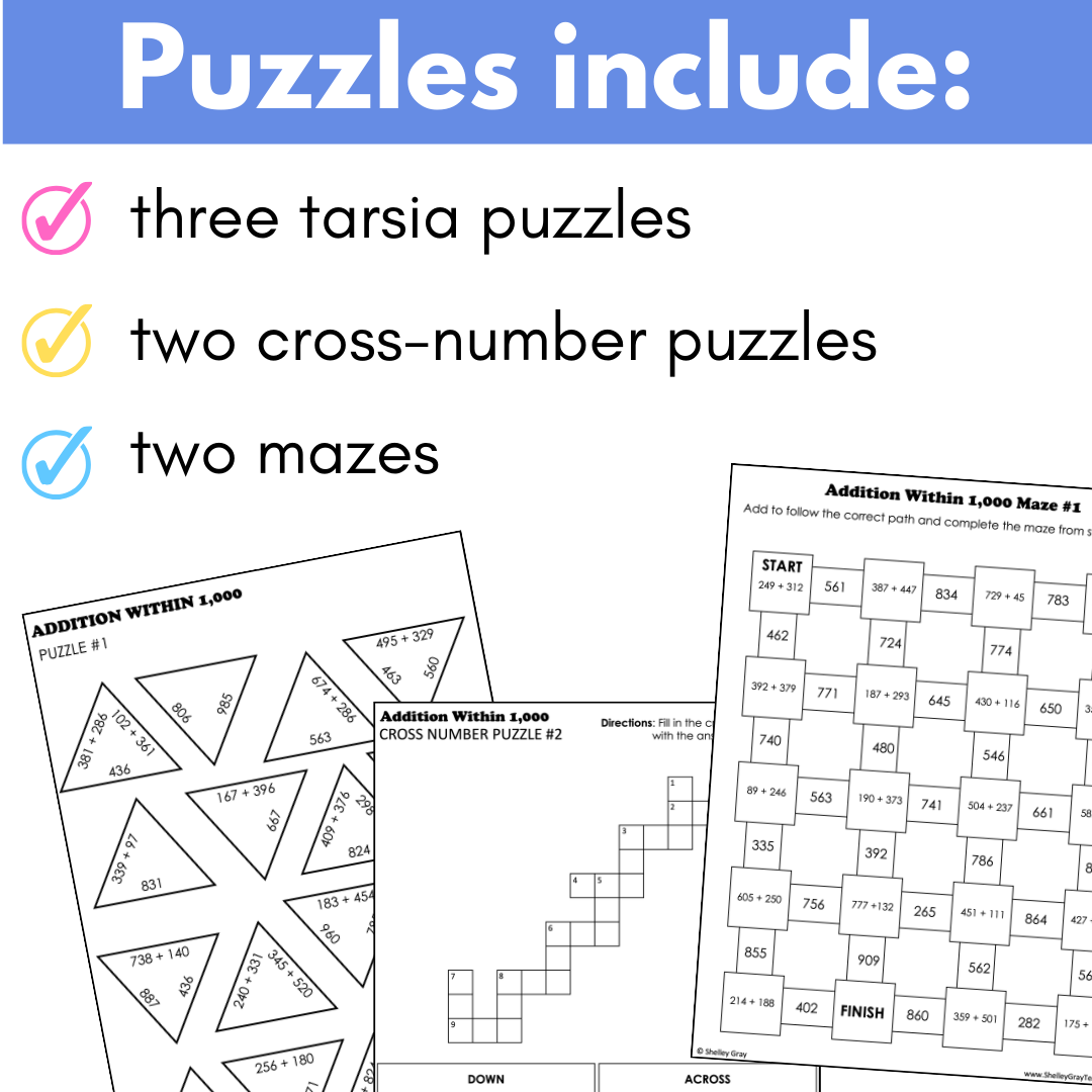 Addition Within 1000 Math Puzzles for Practice; Tarsia Puzzle Cross-Number Mazes