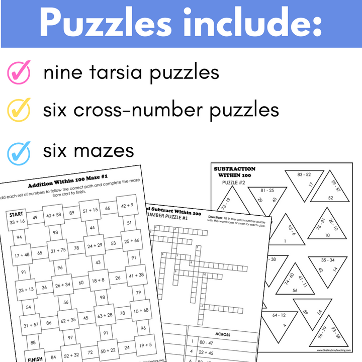 Addition and Subtraction to 100 Puzzles for Math Fact Practice BUNDLE