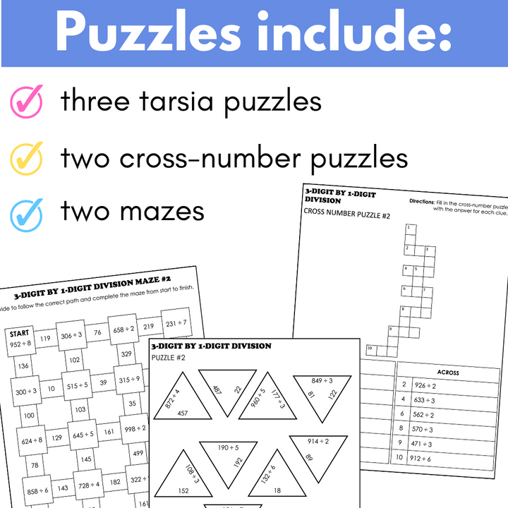 3-Digit by 1-Digit Division Math Puzzles (Tarsia, Cross-Number, Mazes)