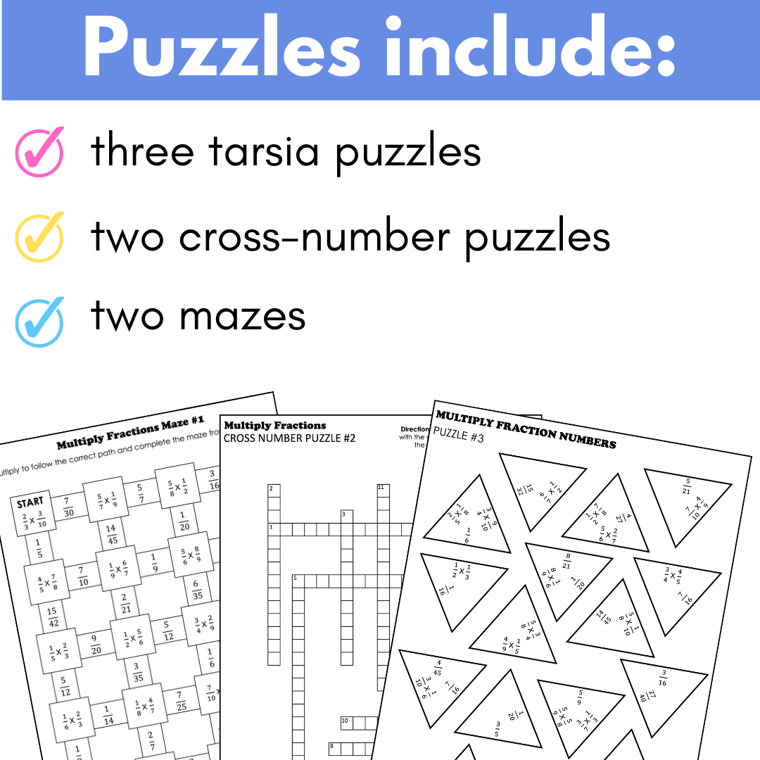 Multiplying Fractions, Fraction Math Puzzles for Extra Practice (Mazes, Tarsia)