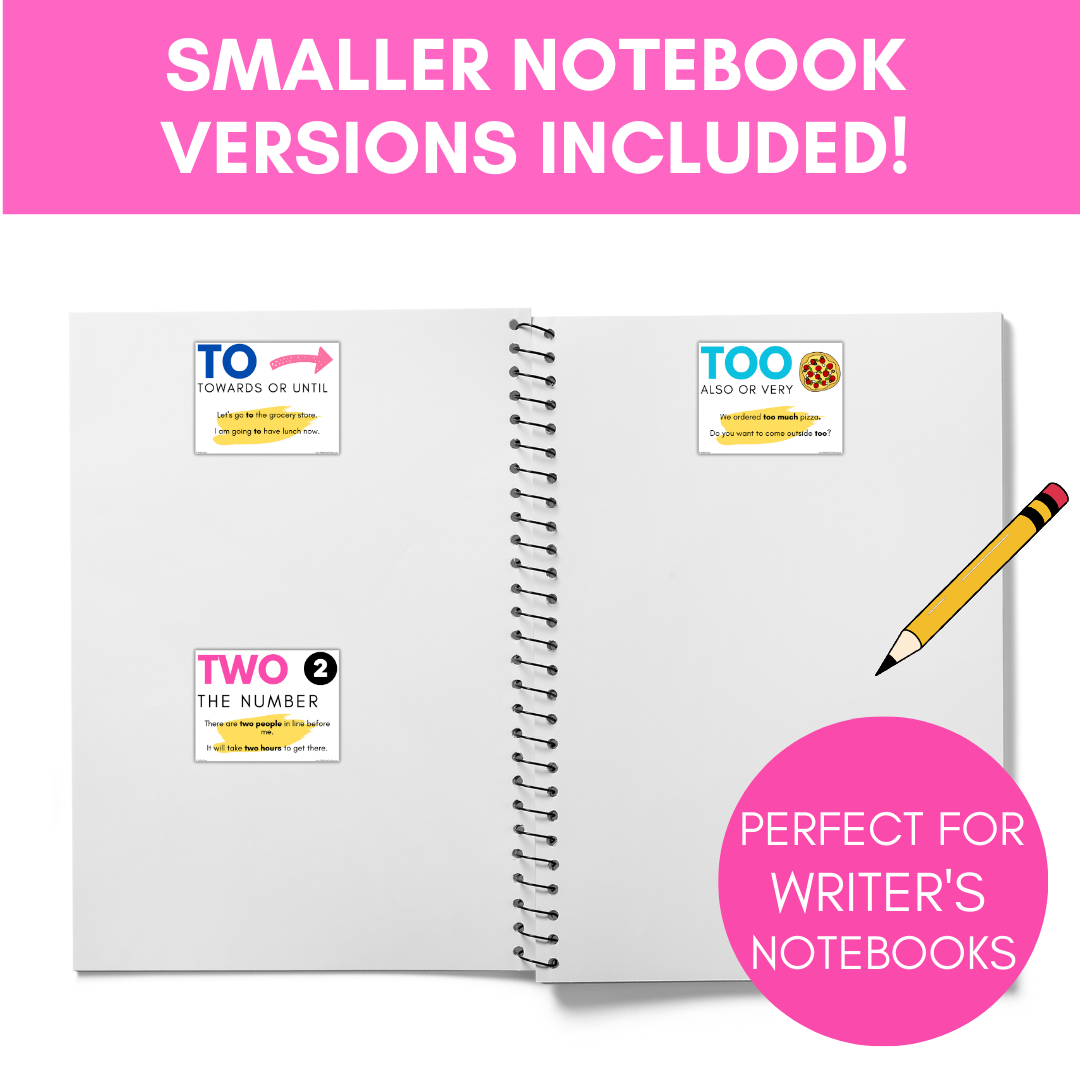 To, Too, Two Homophone Posters | includes student notebook versions