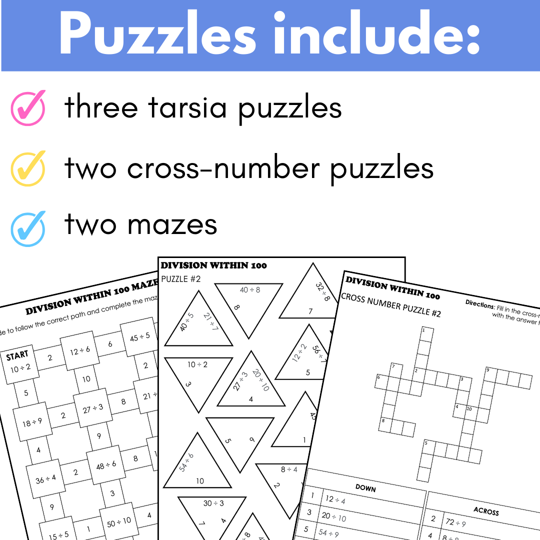 Basic Division Facts Math Puzzles; Tarsia Puzzles, Cross-Number, Mazes