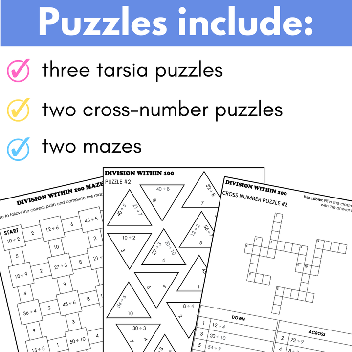 Basic Division Facts Math Puzzles; Tarsia Puzzles, Cross-Number, Mazes