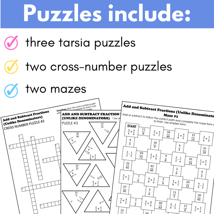 Adding and Subtracting Fractions with Unlike Denominators, Fraction Math Puzzles