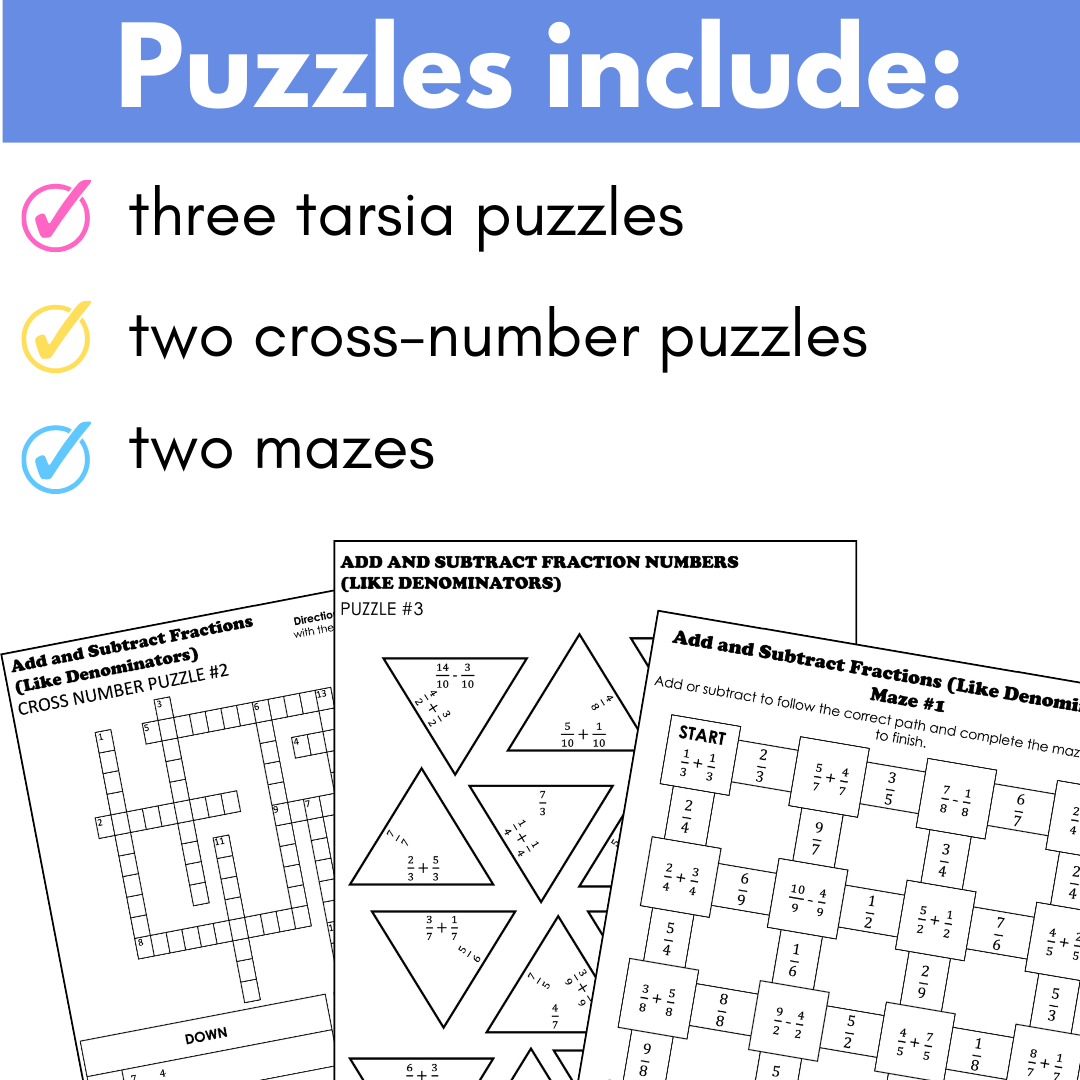 Adding and Subtracting Fractions with Like Denominators, Fraction Math Puzzles