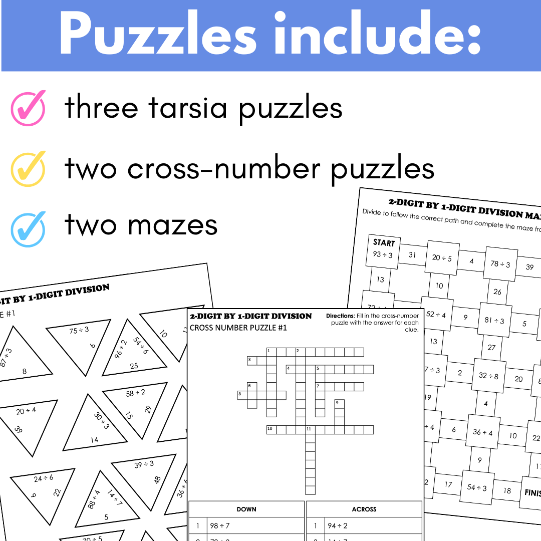2-Digit by 1-Digit Division Math Puzzles (Tarsia, Cross-Number, Mazes)