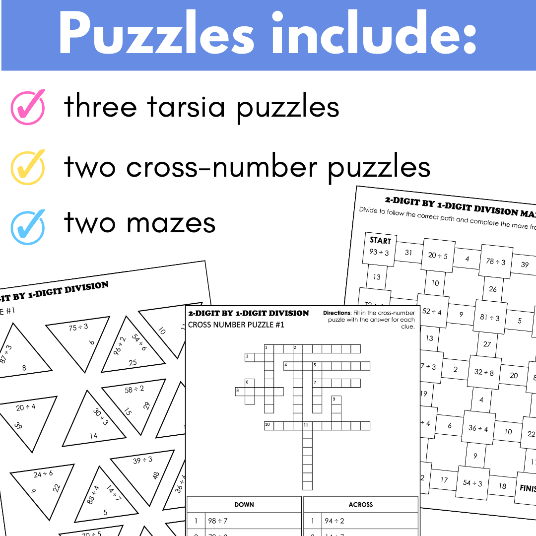 2-Digit by 1-Digit Division Math Puzzles (Tarsia, Cross-Number, Mazes ...