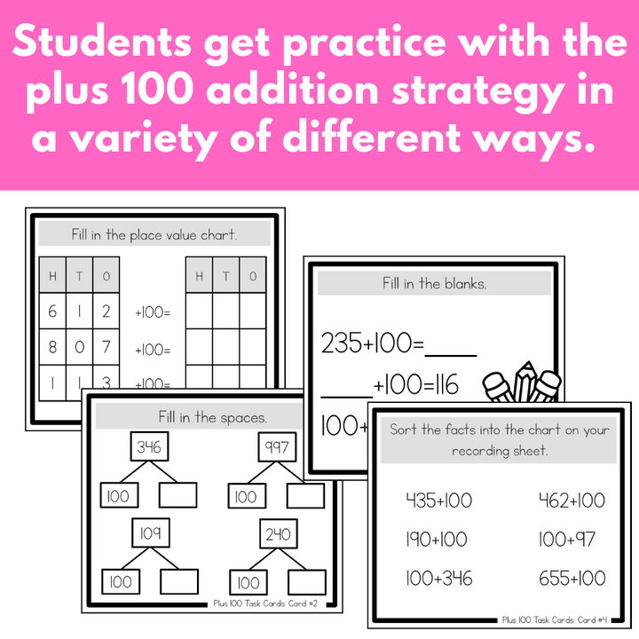 Addition Plus Card Addition Strategy Task Cards: Plus 100 - Sums to 1000 (Third Grade ...