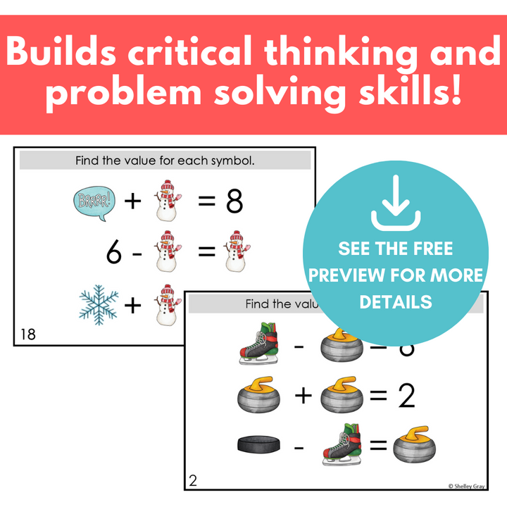 Winter-Themed Math Logic Problems, Puzzles for Addition & Subtraction Within 10