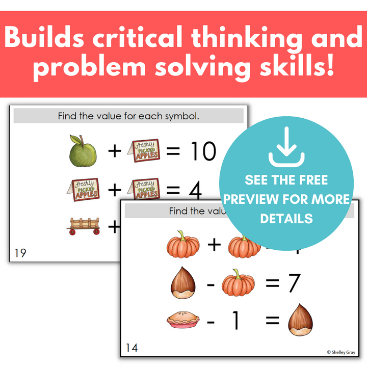Fall-Themed Math Logic Problems, Puzzles for Addition & Subtraction Within 10