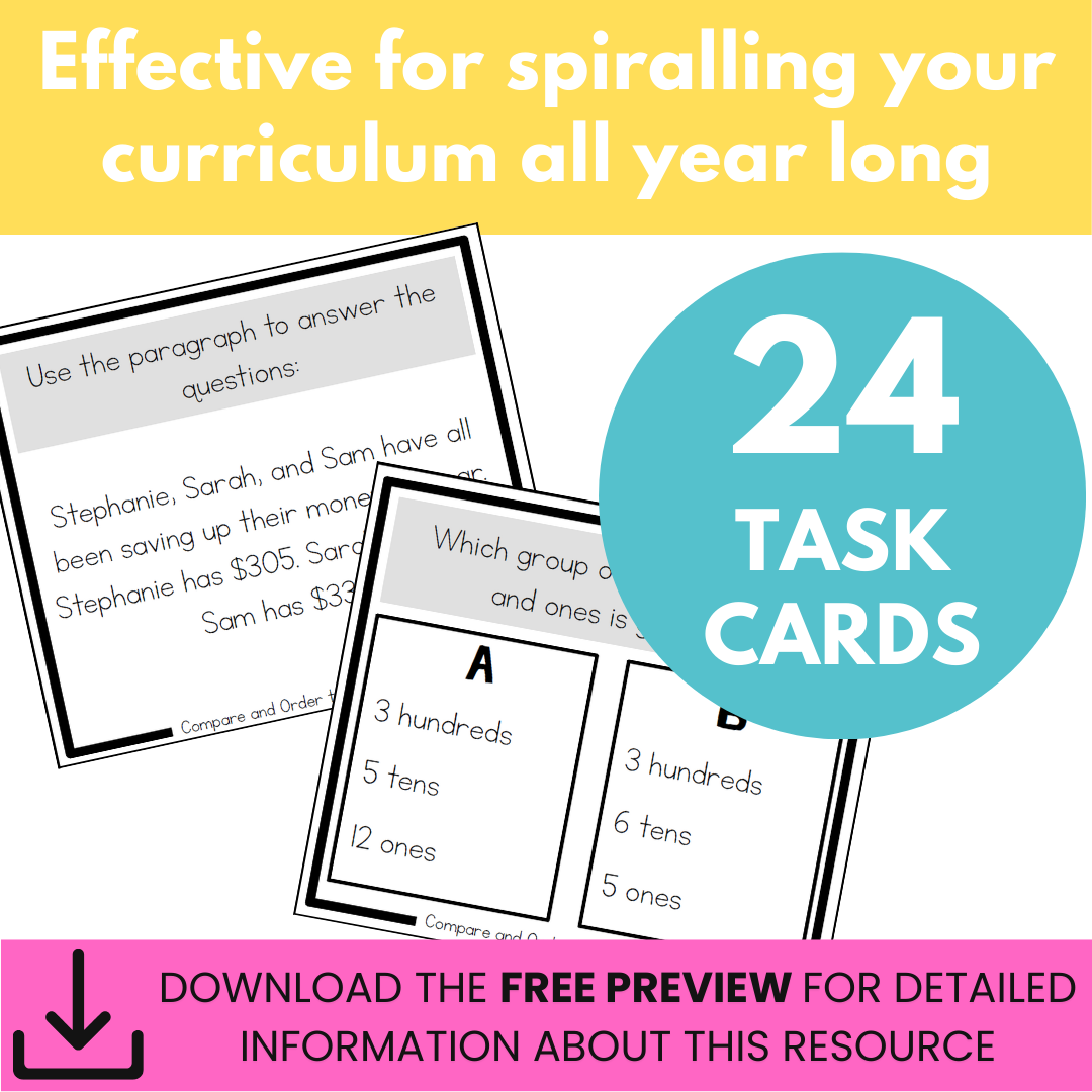 Compare and Order Place Value Task Cards - Numbers to 1,000