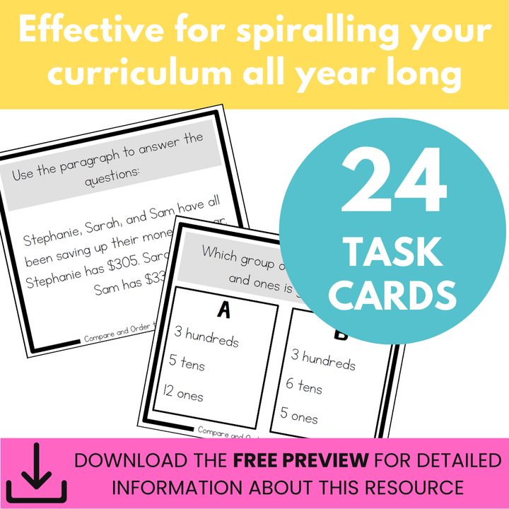 Compare and Order Place Value Task Cards - Numbers to 1,000