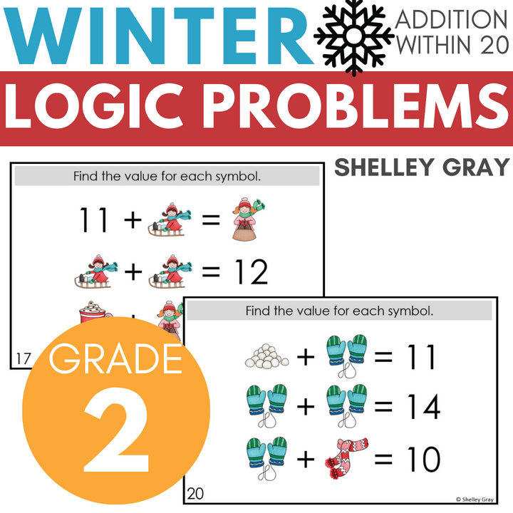 Winter-Themed Math Logic Problems, Puzzles for Addition to 20, Problem-Solving