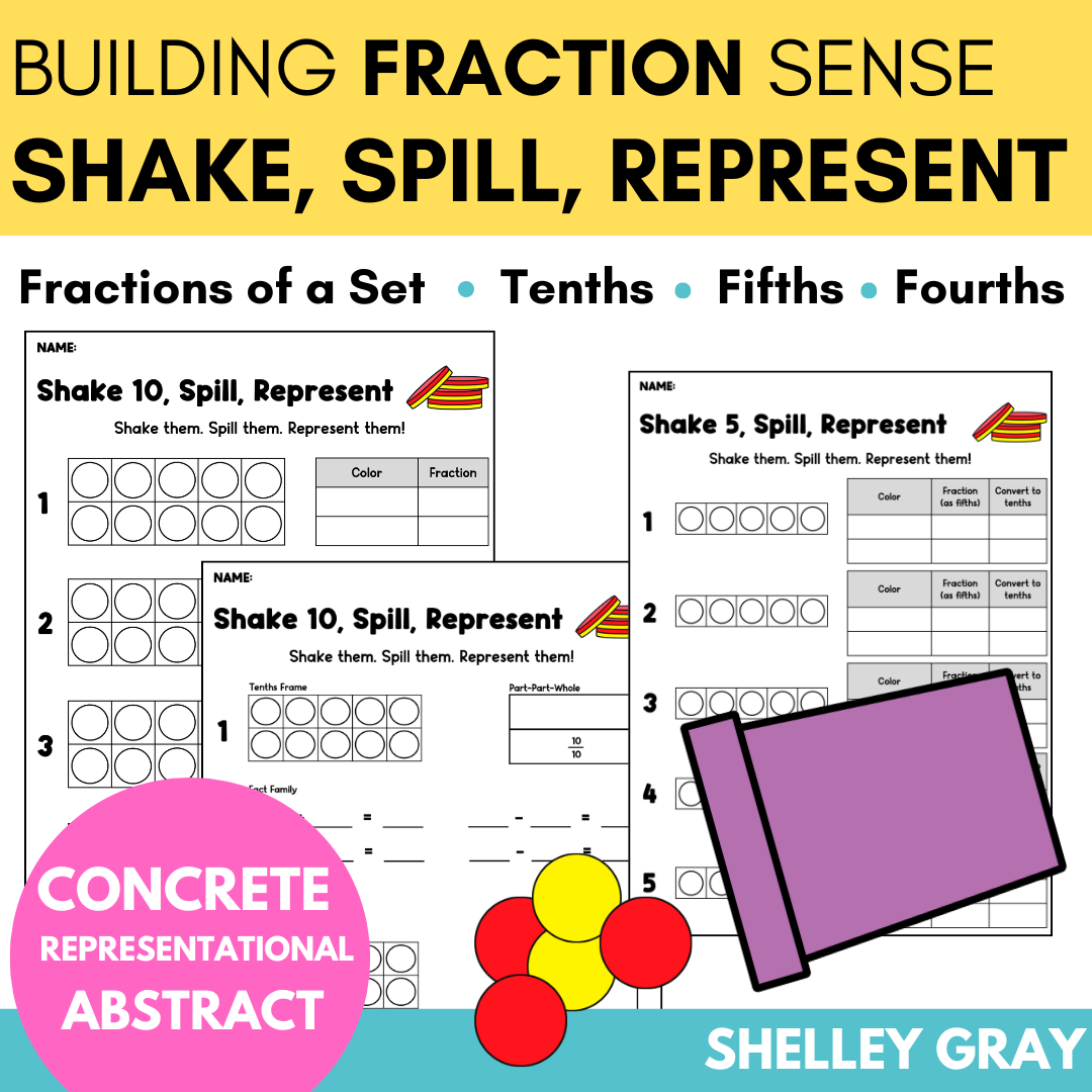 Shake and Spill Fractions of a Set Math Activity - Tenths, Fifths, Fourths
