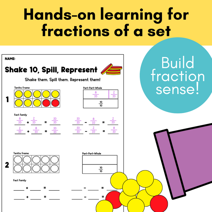 Shake and Spill Fractions of a Set Math Activity - Tenths, Fifths, Fourths