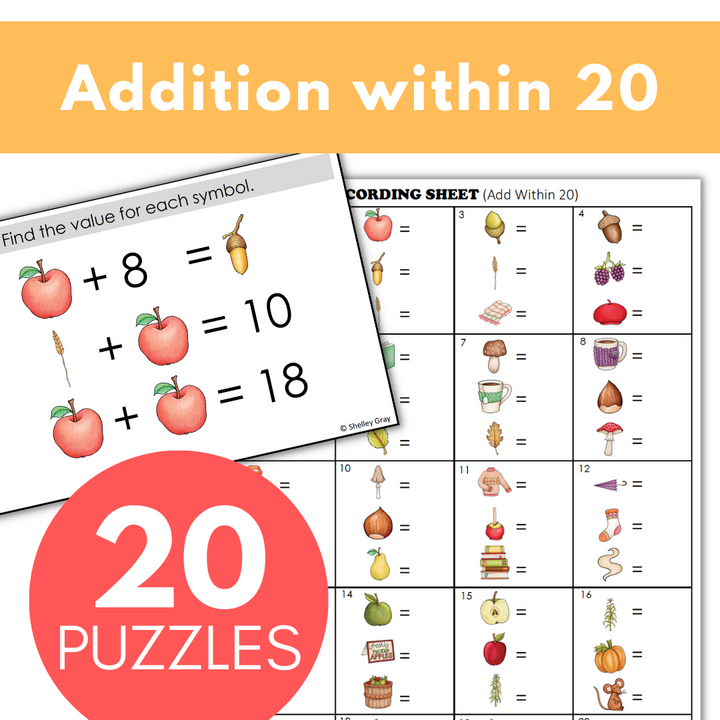 Fall-Themed Math Logic Problems, Puzzles for Addition Within 20, Probl ...