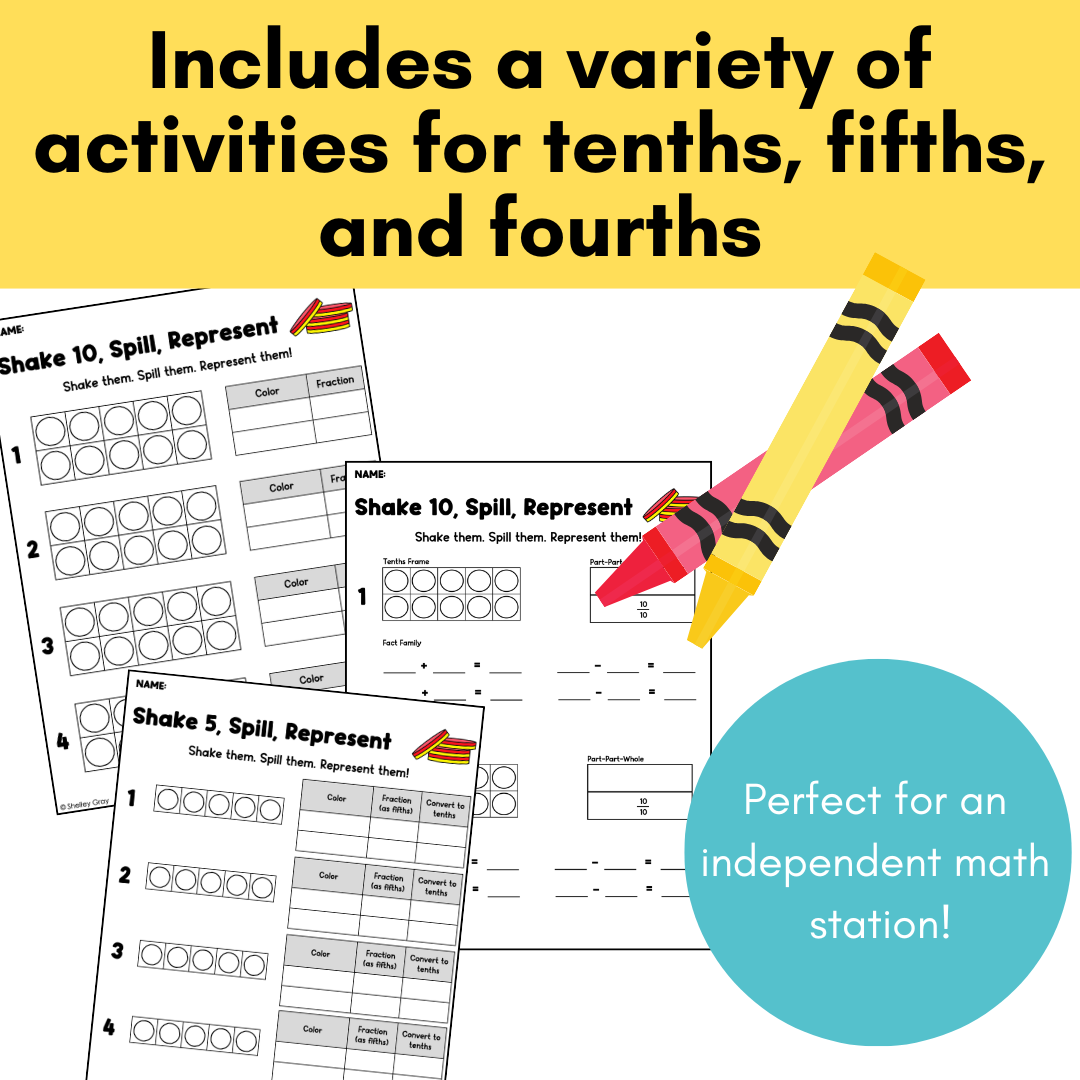 Shake and Spill Fractions of a Set Math Activity - Tenths, Fifths, Fourths