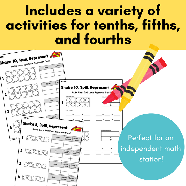 Shake and Spill Fractions of a Set Math Activity - Tenths, Fifths, Fourths