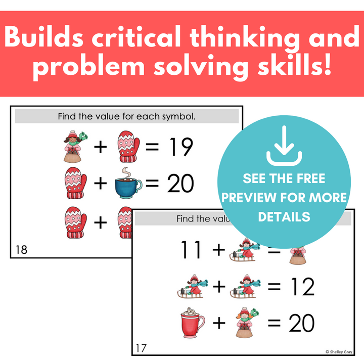 Winter-Themed Math Logic Problems, Puzzles for Addition to 20, Problem ...