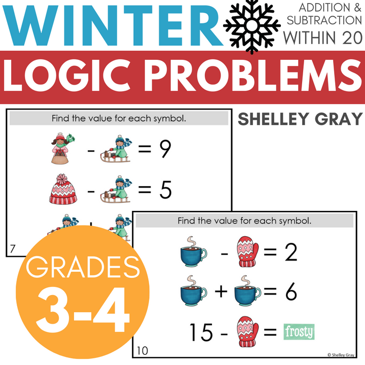 Winter-Themed Math Logic Problems, Puzzles for Addition & Subtraction Within 20