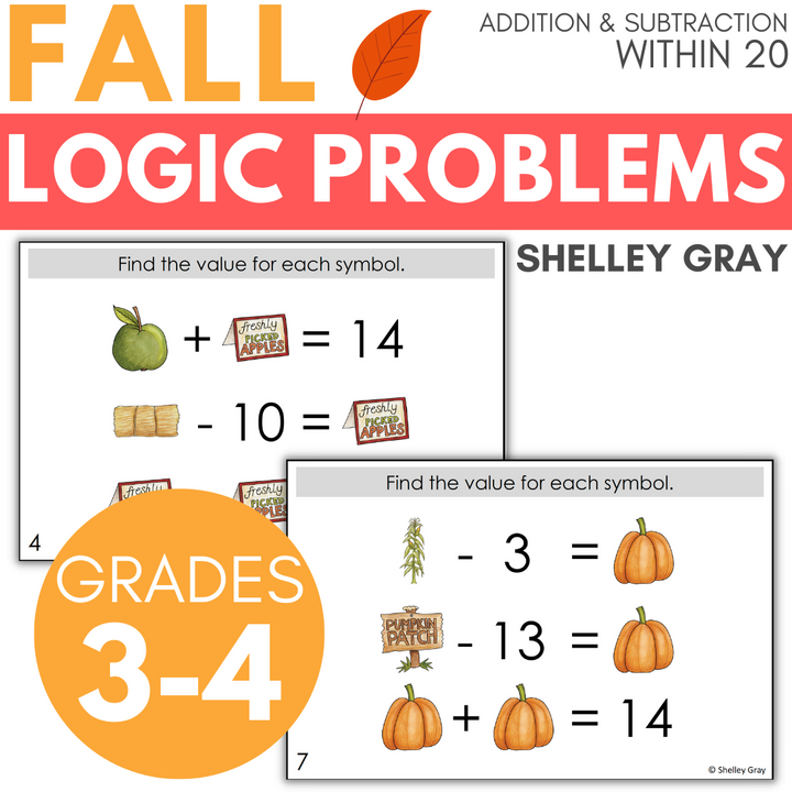 Fall-Themed Math Logic Problems, Puzzles for Addition & Subtraction Within 20