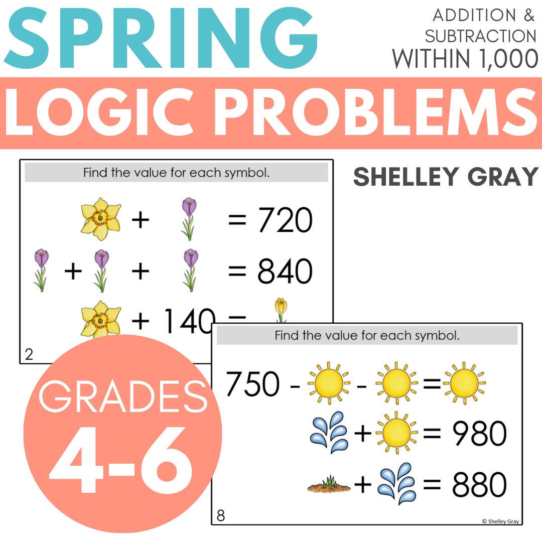 Spring-Themed Math Logic Problems, Puzzles for Addition & Subtraction ...