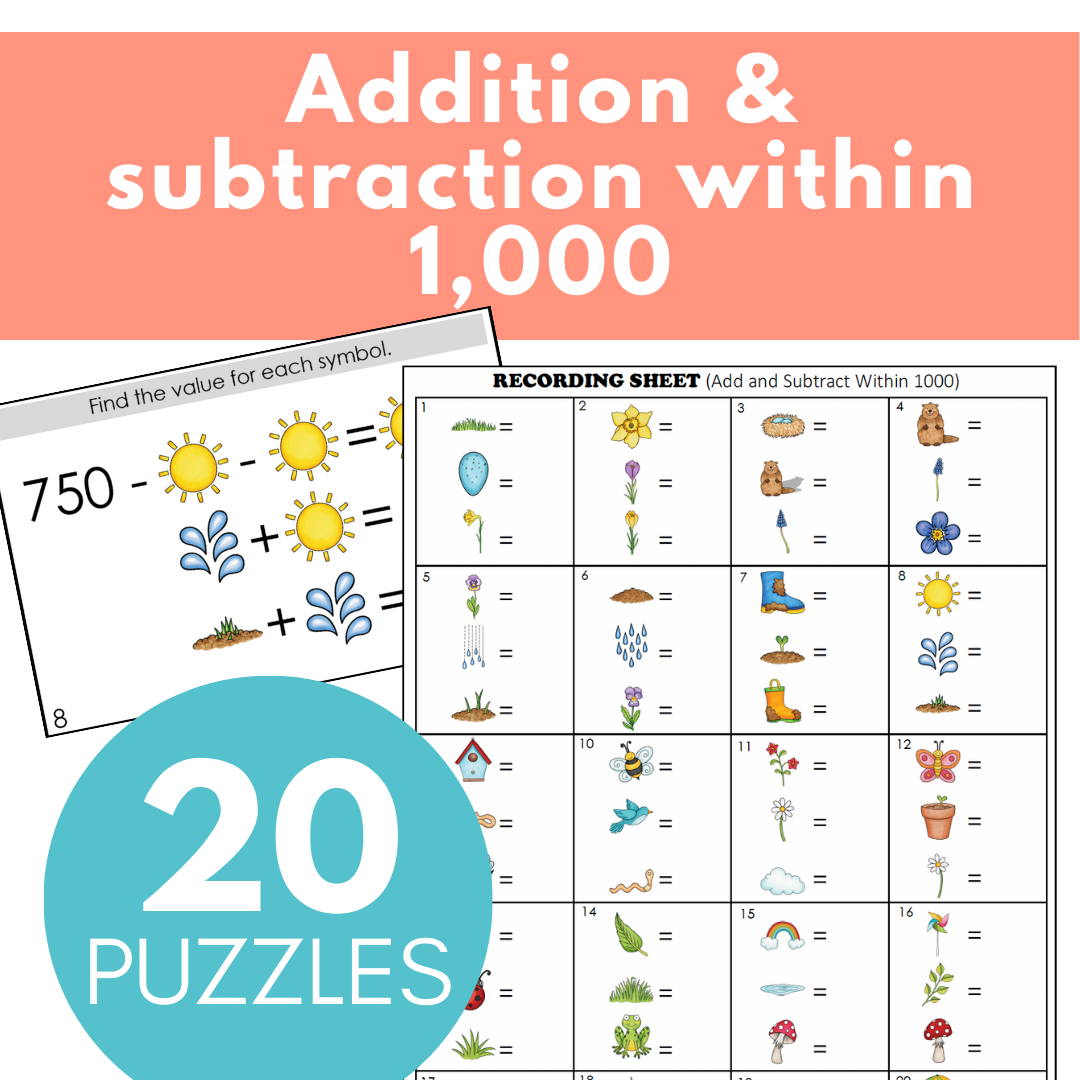 Spring-Themed Math Logic Problems, Puzzles for Addition & Subtraction to 1,000