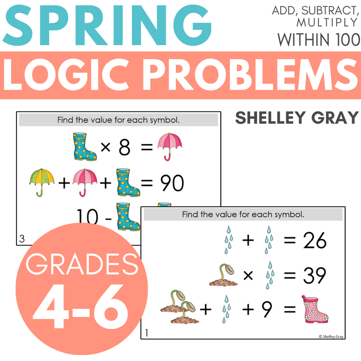 Spring-Themed Math Logic Problems, Puzzles Addition Subtraction Multiplication