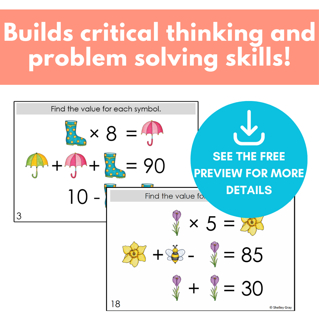 Spring-Themed Math Logic Problems, Puzzles Addition Subtraction Multip ...
