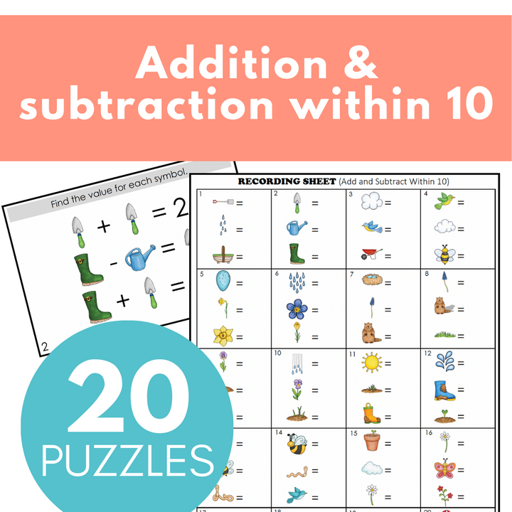 Spring-Themed Math Logic Problems, Puzzles for Addition & Subtraction Within 10