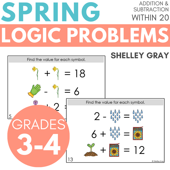 Spring-Themed Math Logic Problems, Puzzles for Addition & Subtraction Within 20