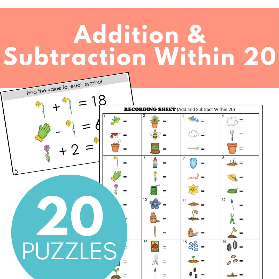 Spring-Themed Math Logic Problems, Puzzles for Addition & Subtraction Within 20