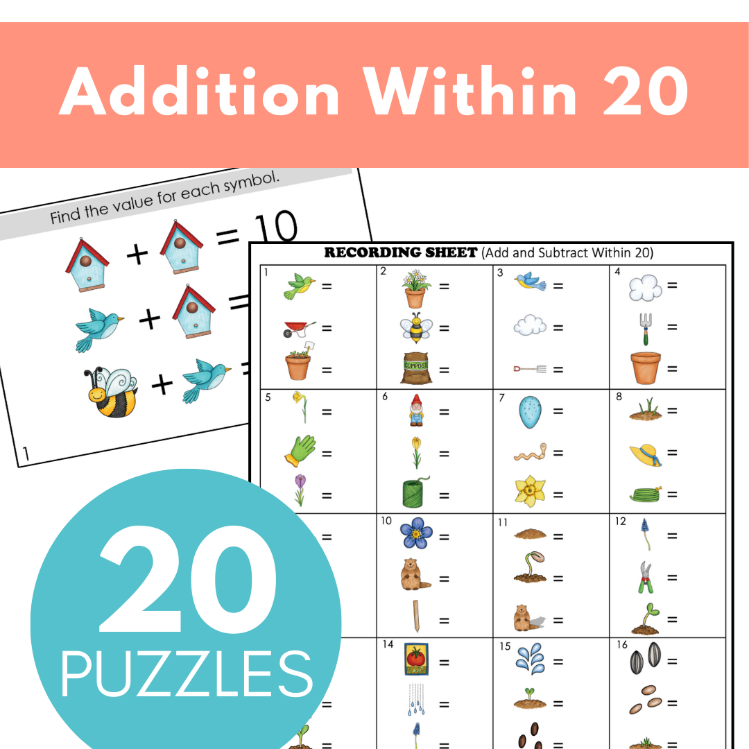 Spring-Themed Math Logic Problems, Puzzles for Addition to 20, Problem-Solving