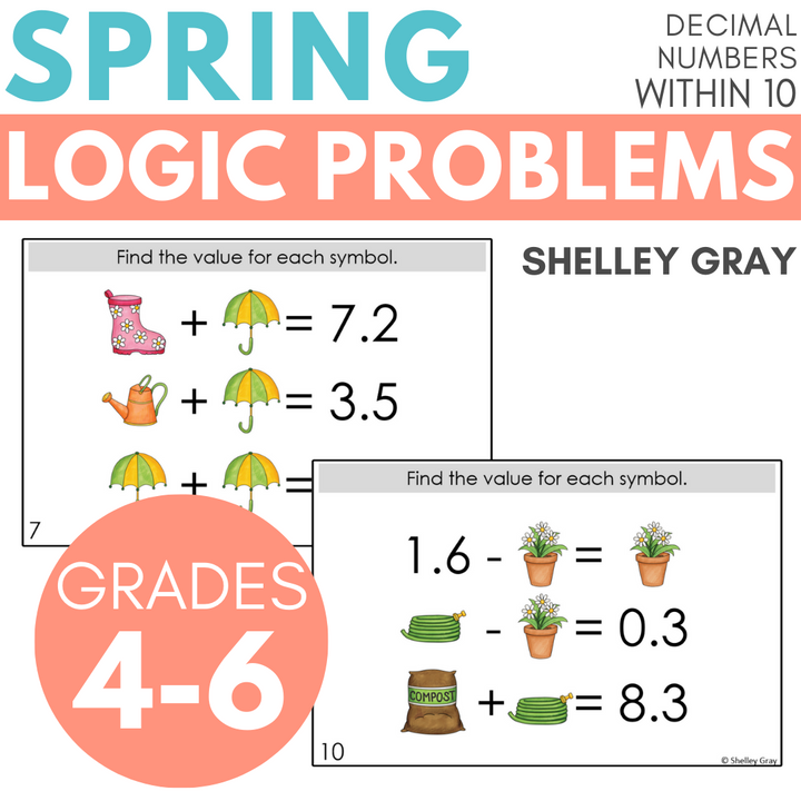 Spring-Themed Math Logic Problems, Puzzles for Decimal Numbers to Tenths