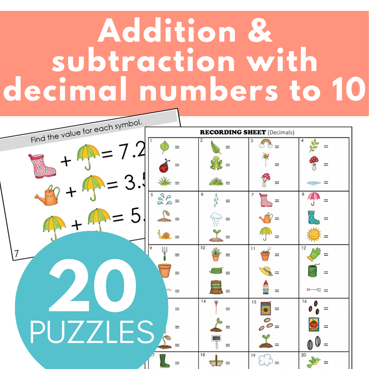 Spring-Themed Math Logic Problems, Puzzles for Decimal Numbers to Tenths