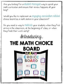 Image of Math Choice Board for 4th Grade