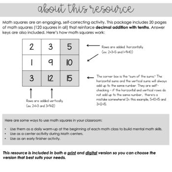 Image of Adding Decimals - Tenths - Fun Self-Checking Math Squares for Addition