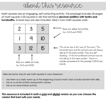 Image of Adding Decimals - Tenths and Hundredths - Fun Self-Checking Math Squares